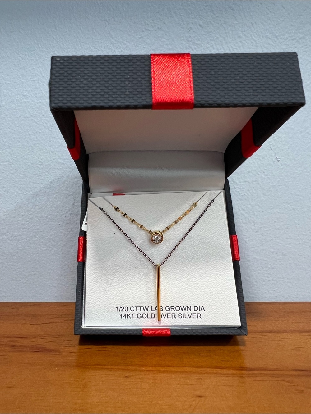 Set of 2 NWT Necklace 14 KT Gold Over Silver Bar & 1/20 CTTW Lab Grown Diamond